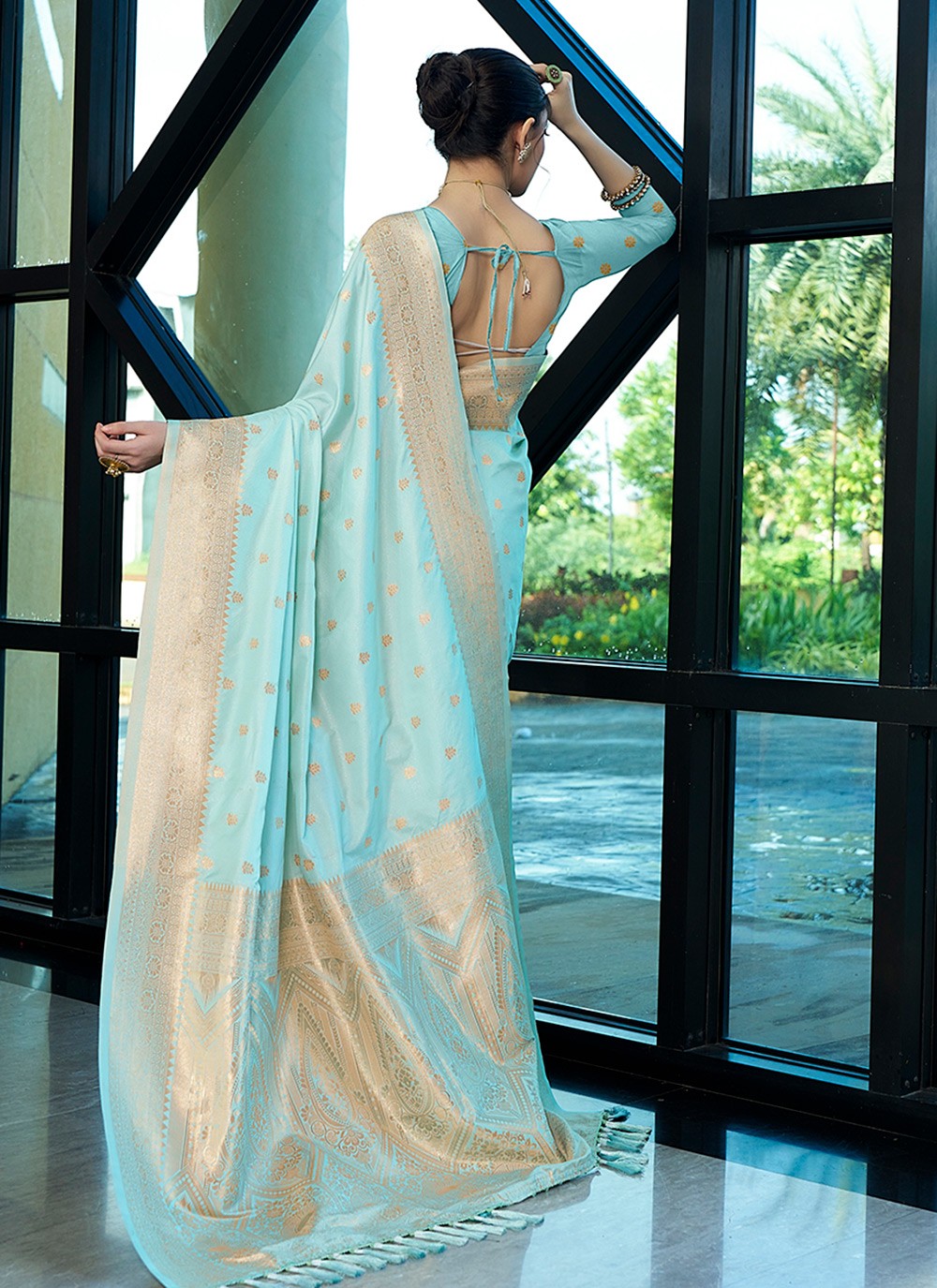 Contemporary Jacquard Work Aqua Blue Naylon Saree S12533