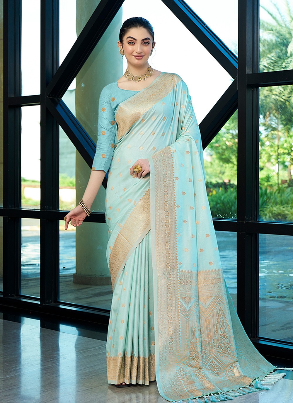 Contemporary Jacquard Work Aqua Blue Naylon Saree S12533