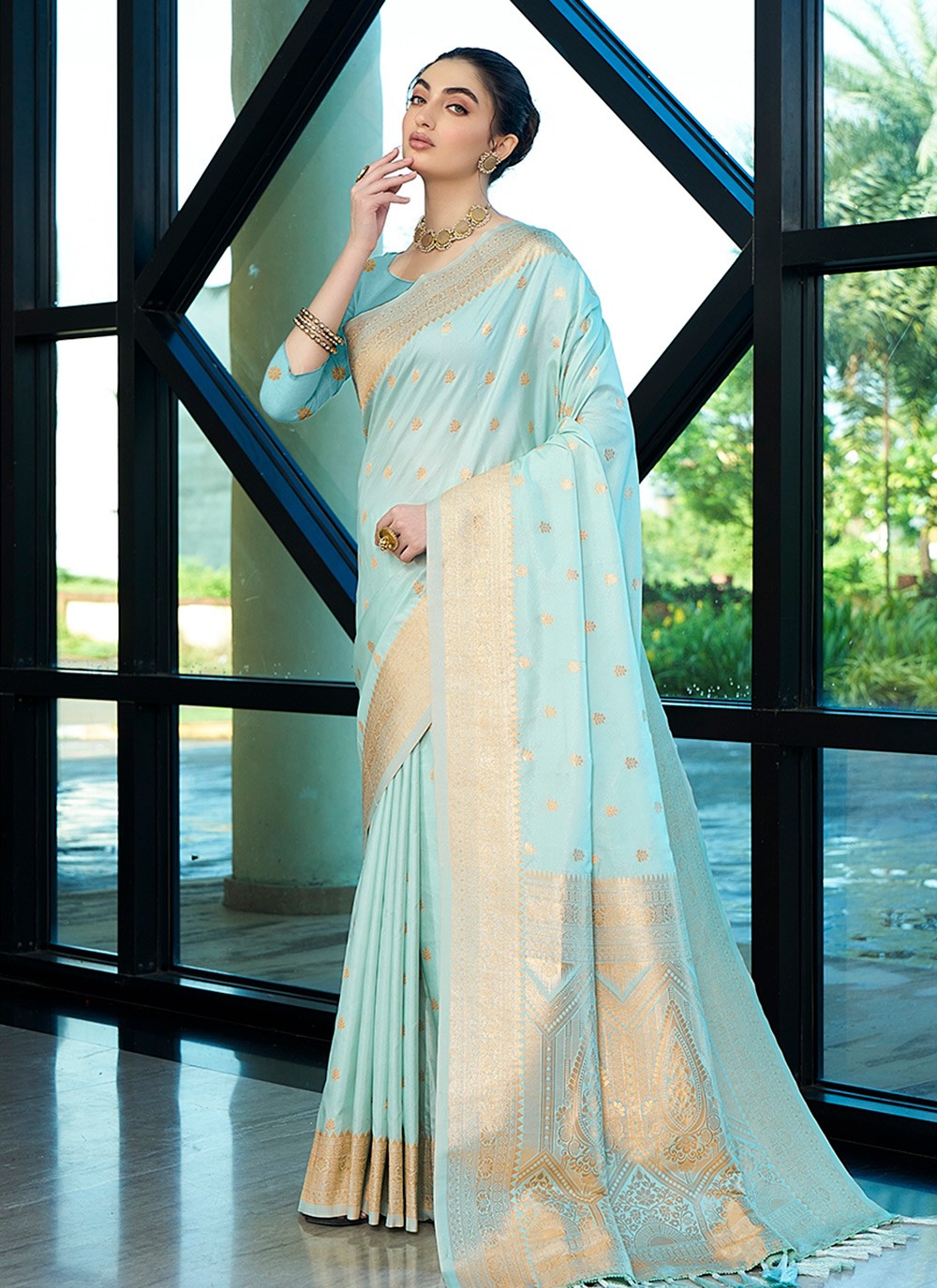 Contemporary Jacquard Work Aqua Blue Naylon Saree S12533