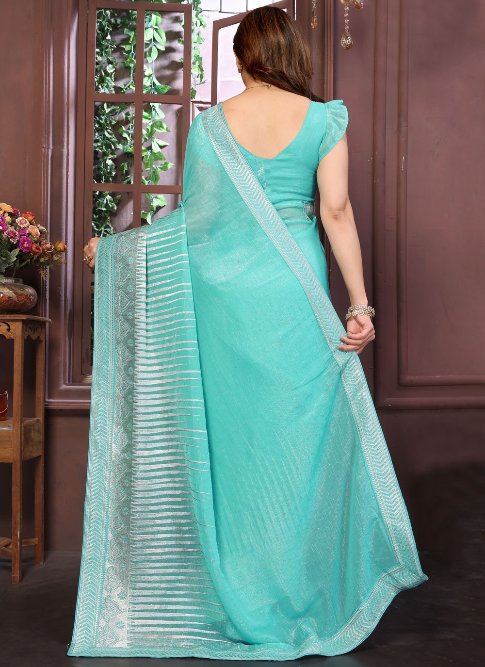 Aqua Blue Pure Crepe Traditional Saree Embroidered, Zari S15738