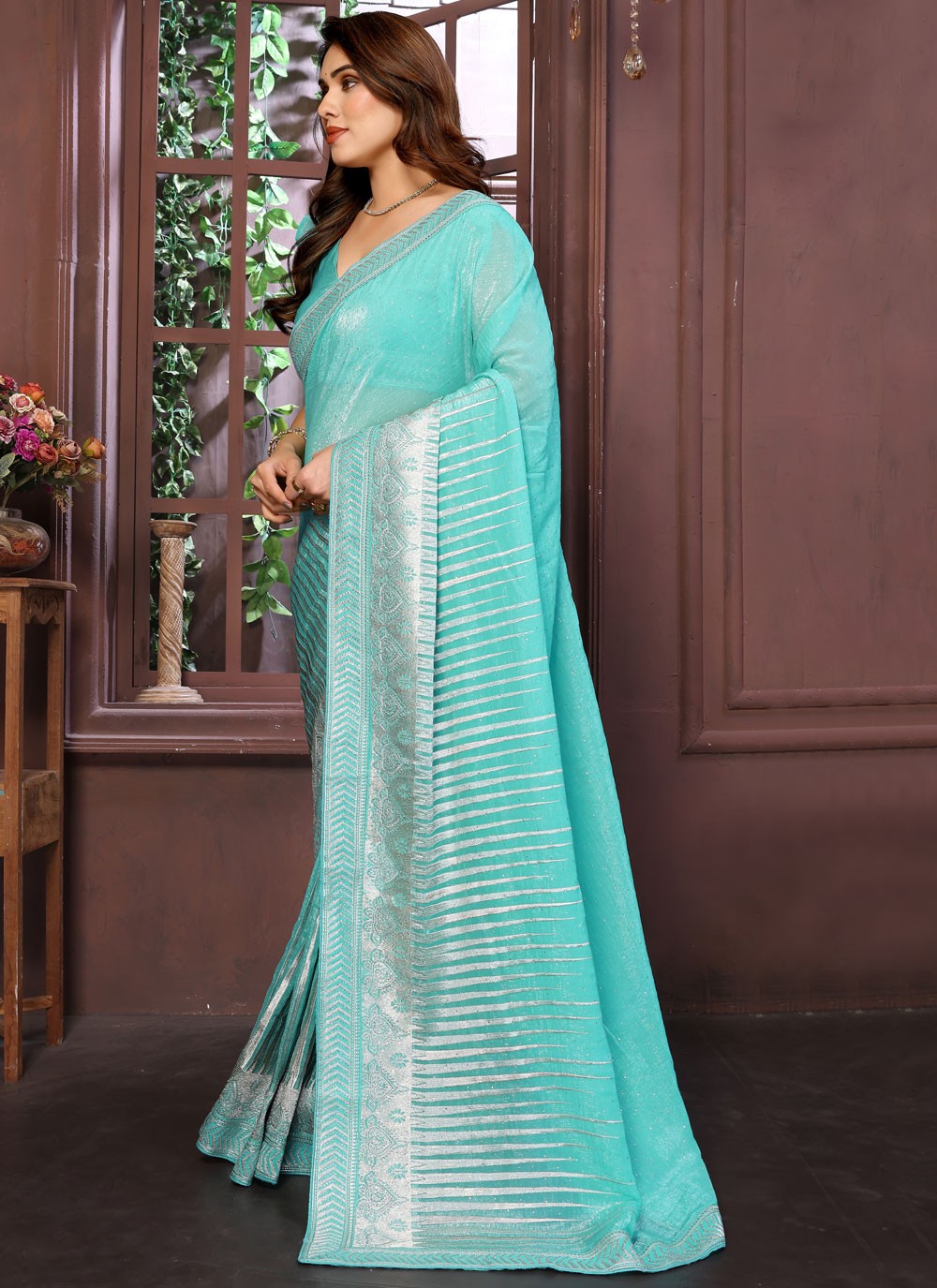 Aqua Blue Pure Crepe Traditional Saree Embroidered, Zari S15738