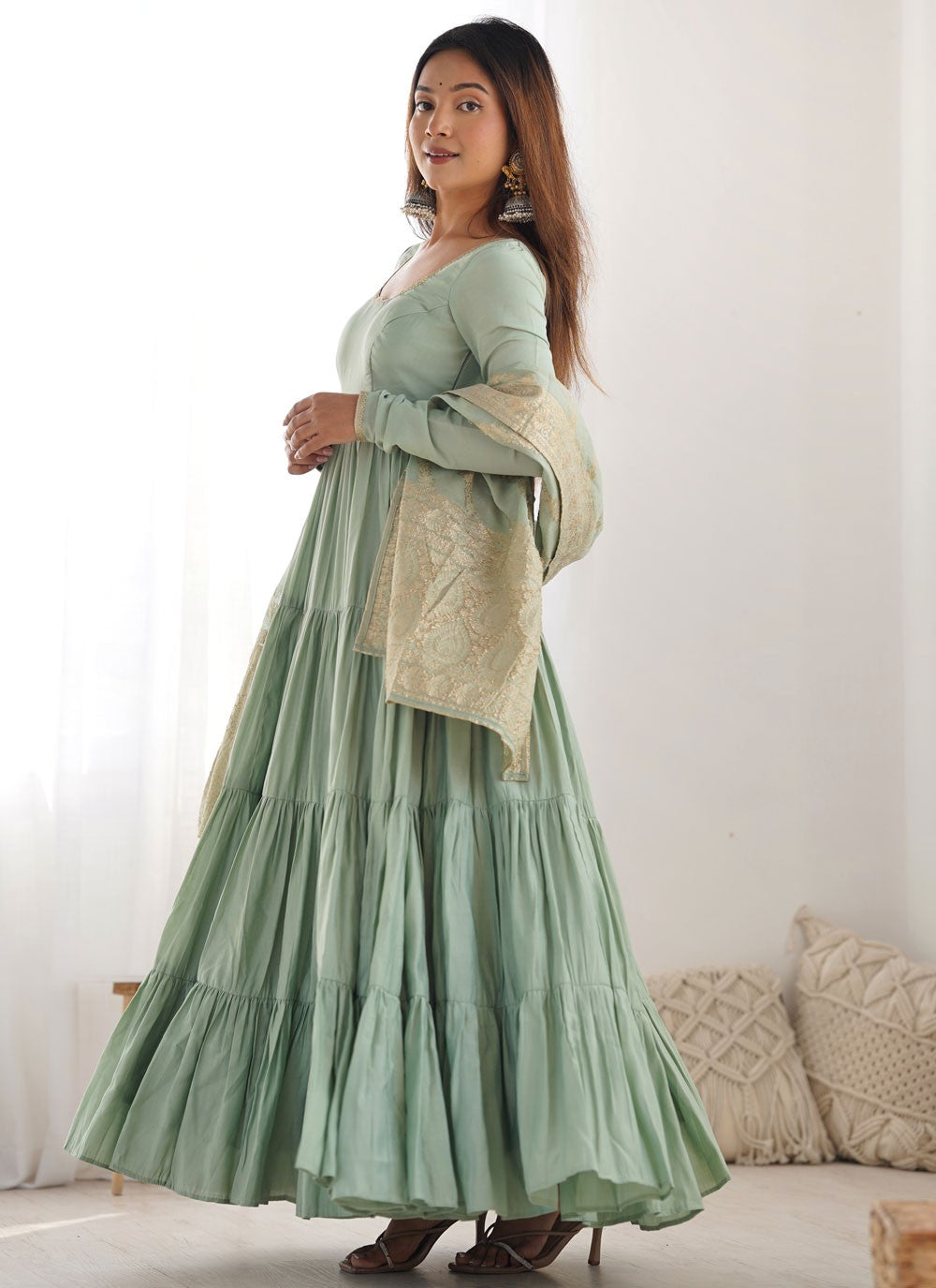 Salwar Suit Plain Aqua Blue Chanderi Silk T5581