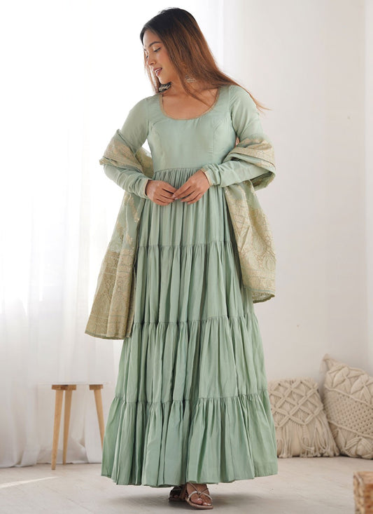Salwar Suit Plain Aqua Blue Chanderi Silk T5581