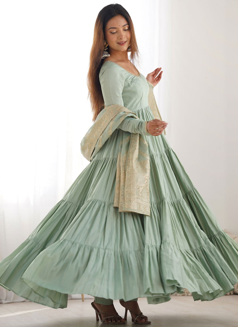 Salwar Suit Plain Aqua Blue Chanderi Silk T5581