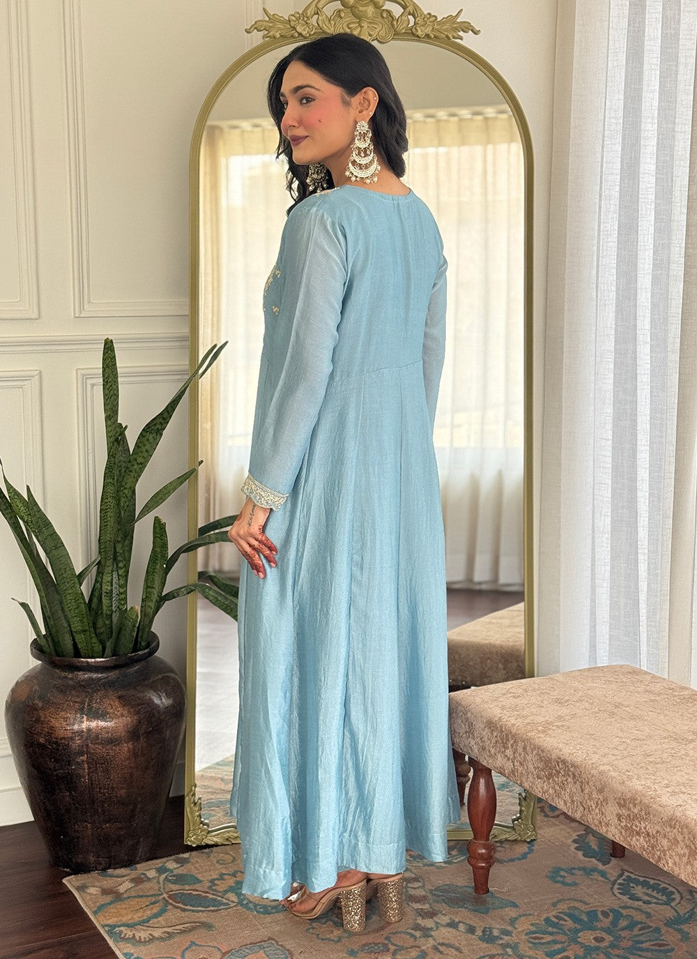 Pant Style Suit Embroidered, Zari Aqua Blue T7317