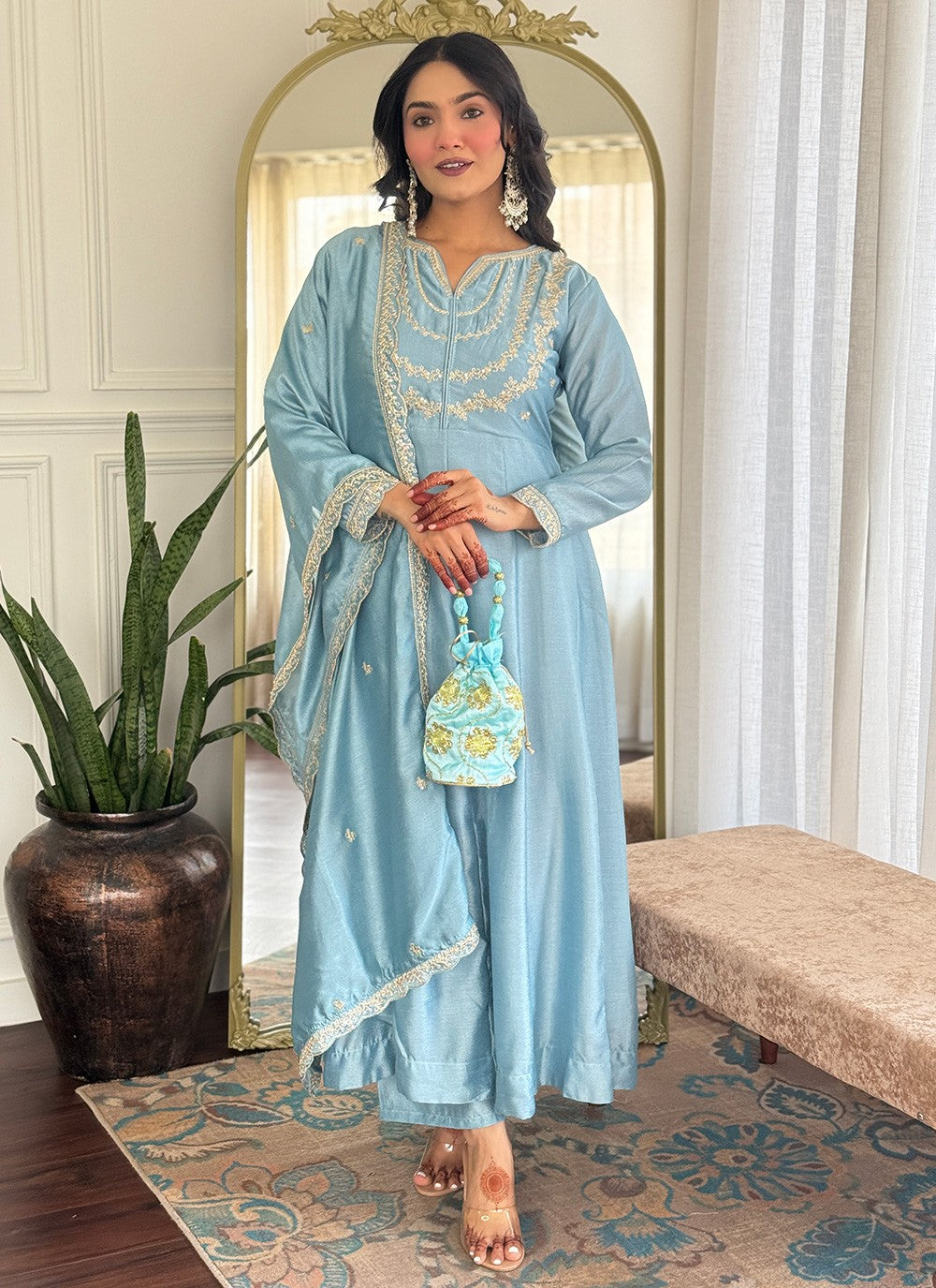 Pant Style Suit Embroidered, Zari Aqua Blue T7317