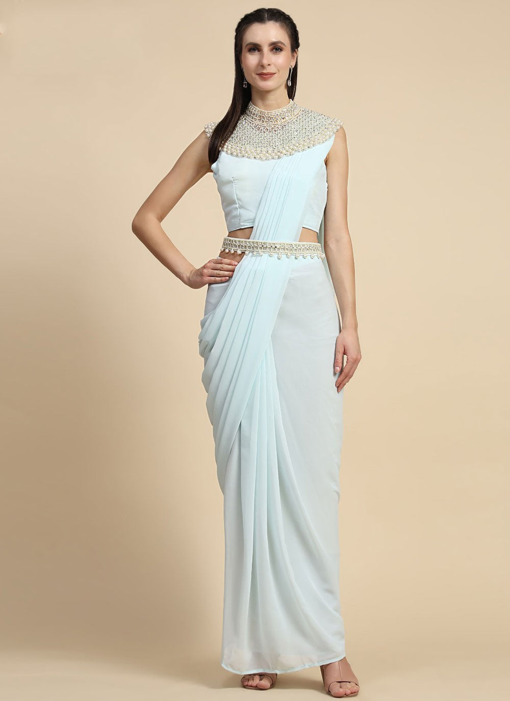 Classic Saree Plain Aqua Blue Georgette Saree S12594