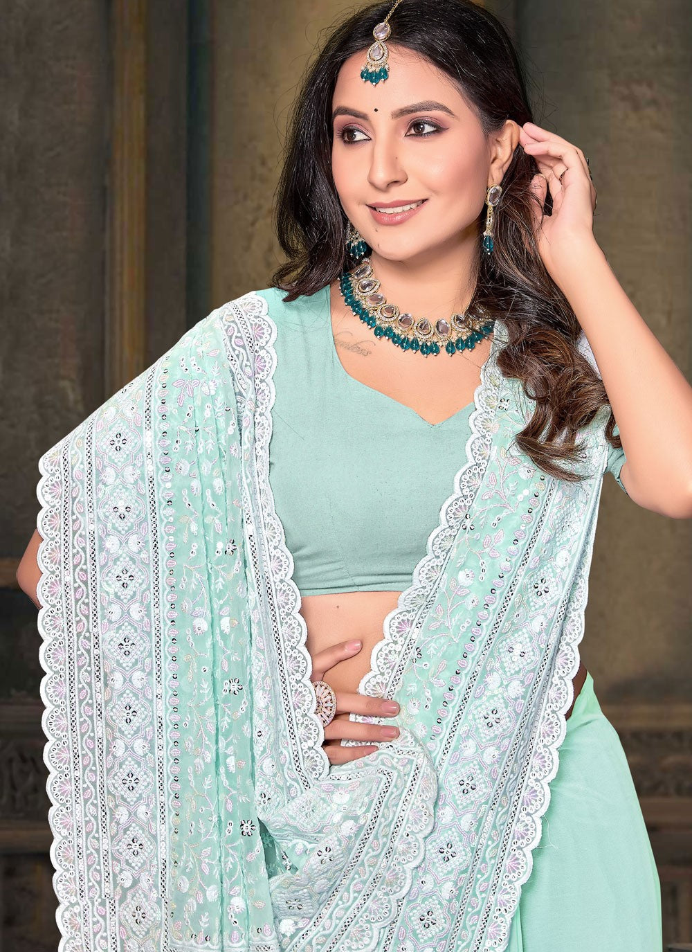 Classic Embroidered Georgette Hot Pink Saree - S11081