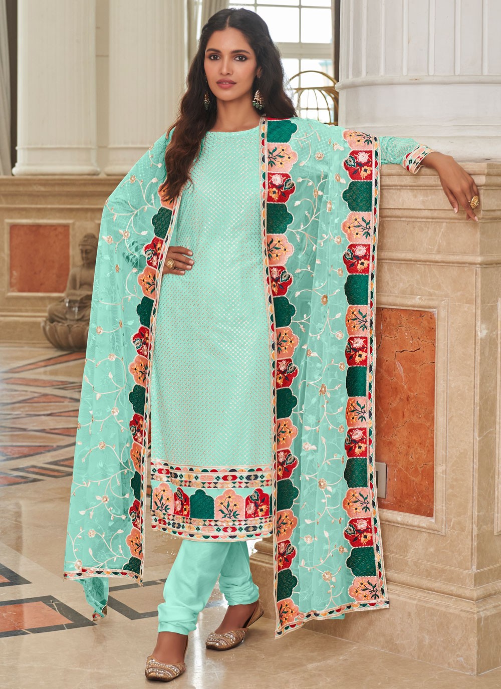 Pant Style Suit Embroidered, Sequins, Thread Aqua Blue T6976