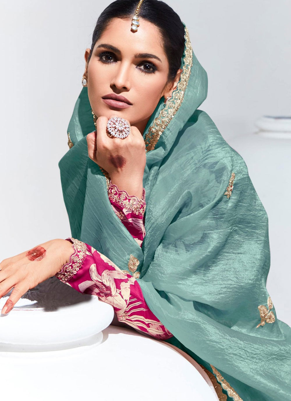 Buttis Glass Tissue Aqua Blue Saree S14803