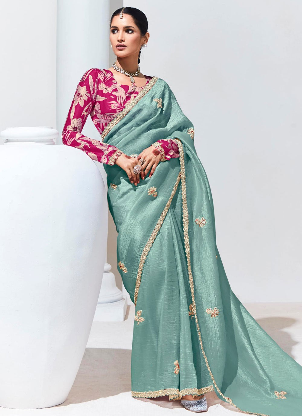 Buttis Glass Tissue Aqua Blue Saree S14803