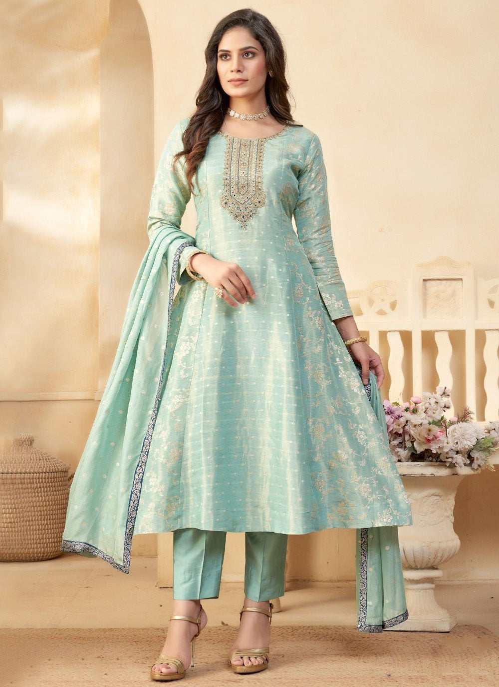 Anarkali Embroidered Aqua Blue Jacquard T5462