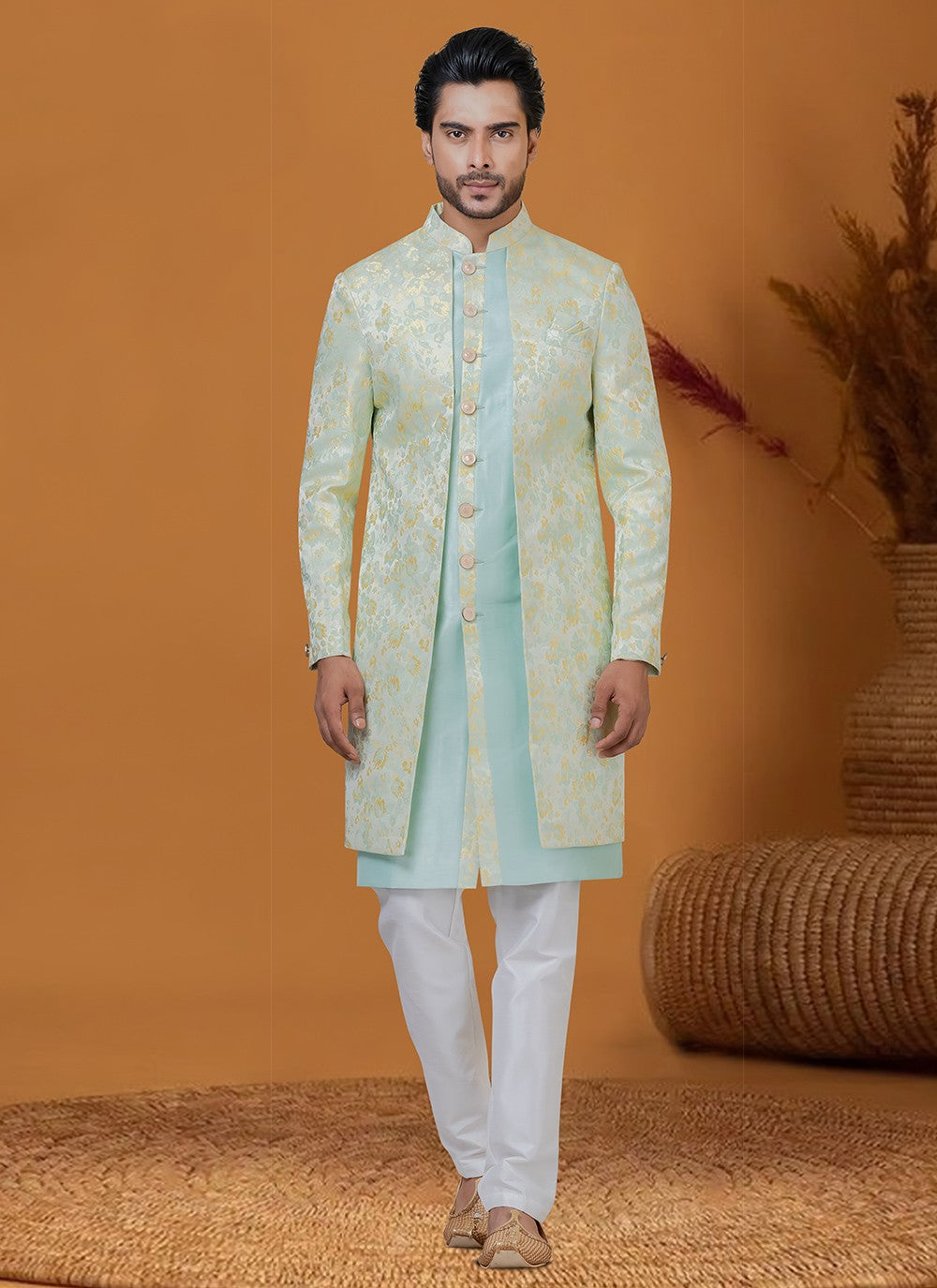 Jacquard Work Jacquard Silk Aqua Blue Indo Western - M8415