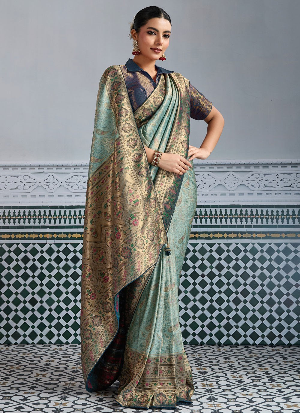 Aqua Blue Kanjivaram Silk Classic Saree Jaal, Meenakari, Woven, Zari S19338