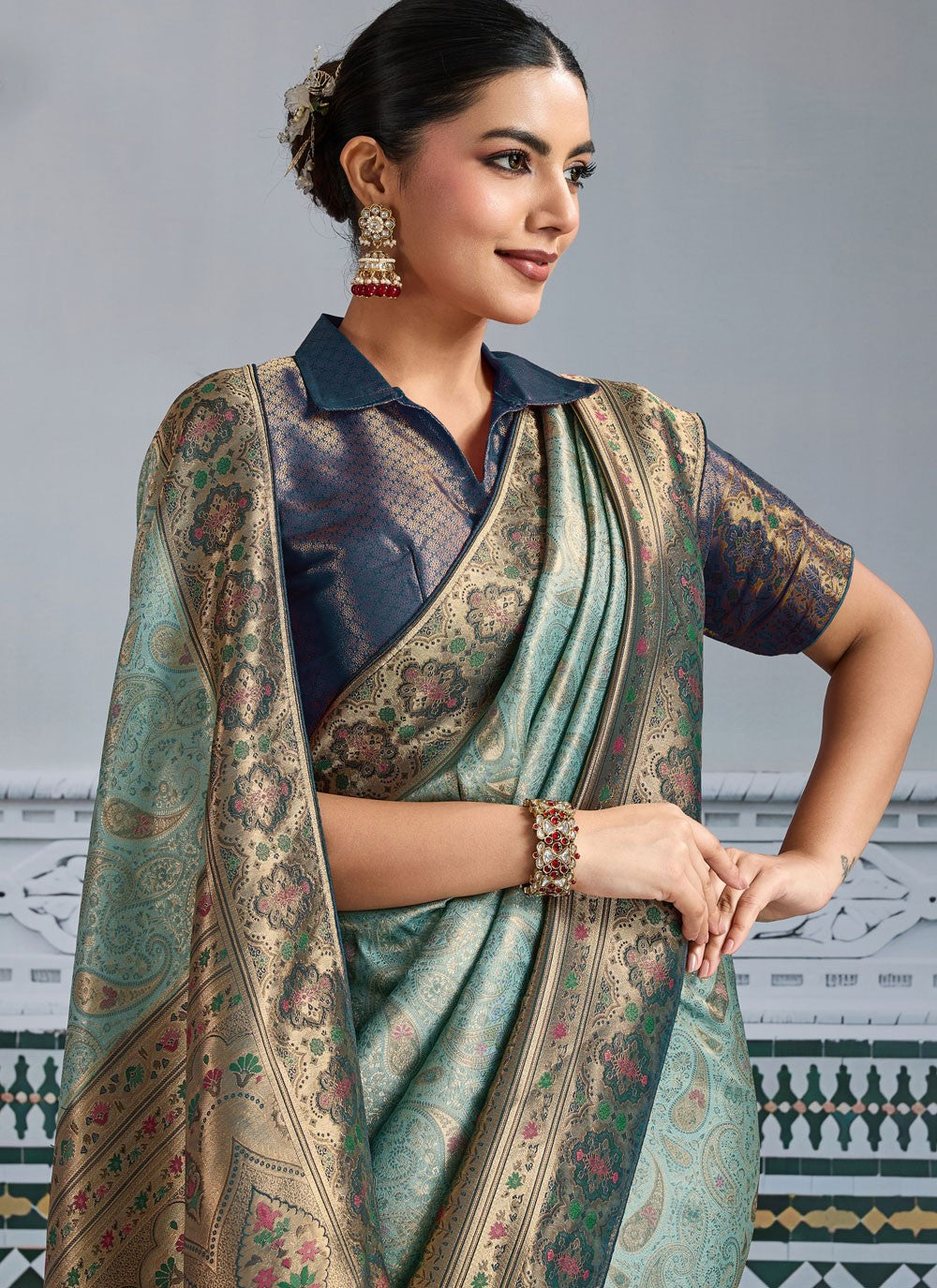 Aqua Blue Kanjivaram Silk Classic Saree Jaal, Meenakari, Woven, Zari S19338