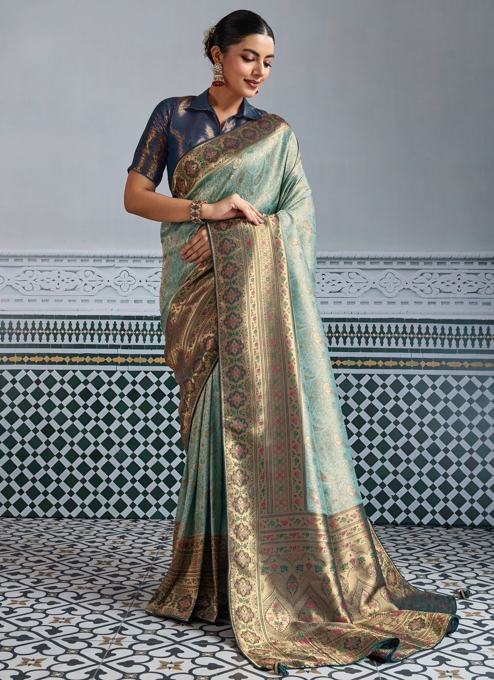 Aqua Blue Kanjivaram Silk Classic Saree Jaal, Meenakari, Woven, Zari S19338