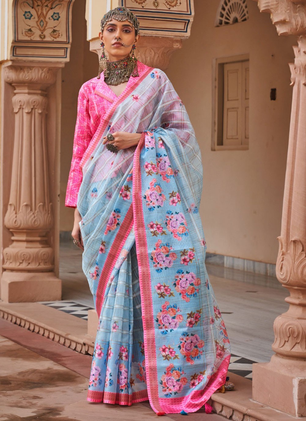 Trendy Floral Printed Linen Saree - S4987