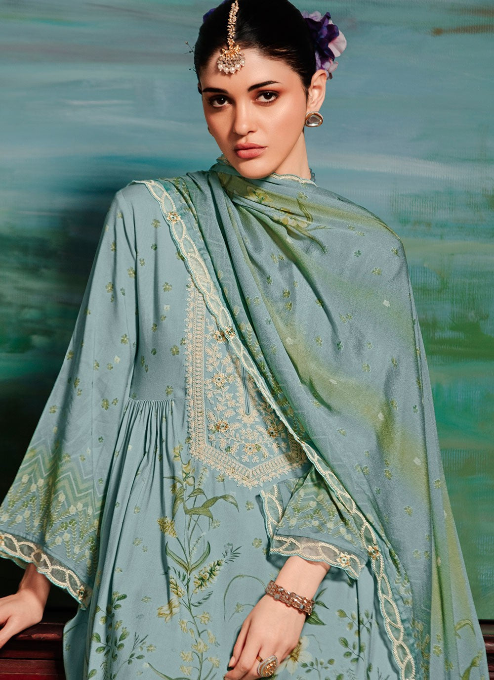 Salwar Suit Digital Print Aqua Blue Muslin T5787