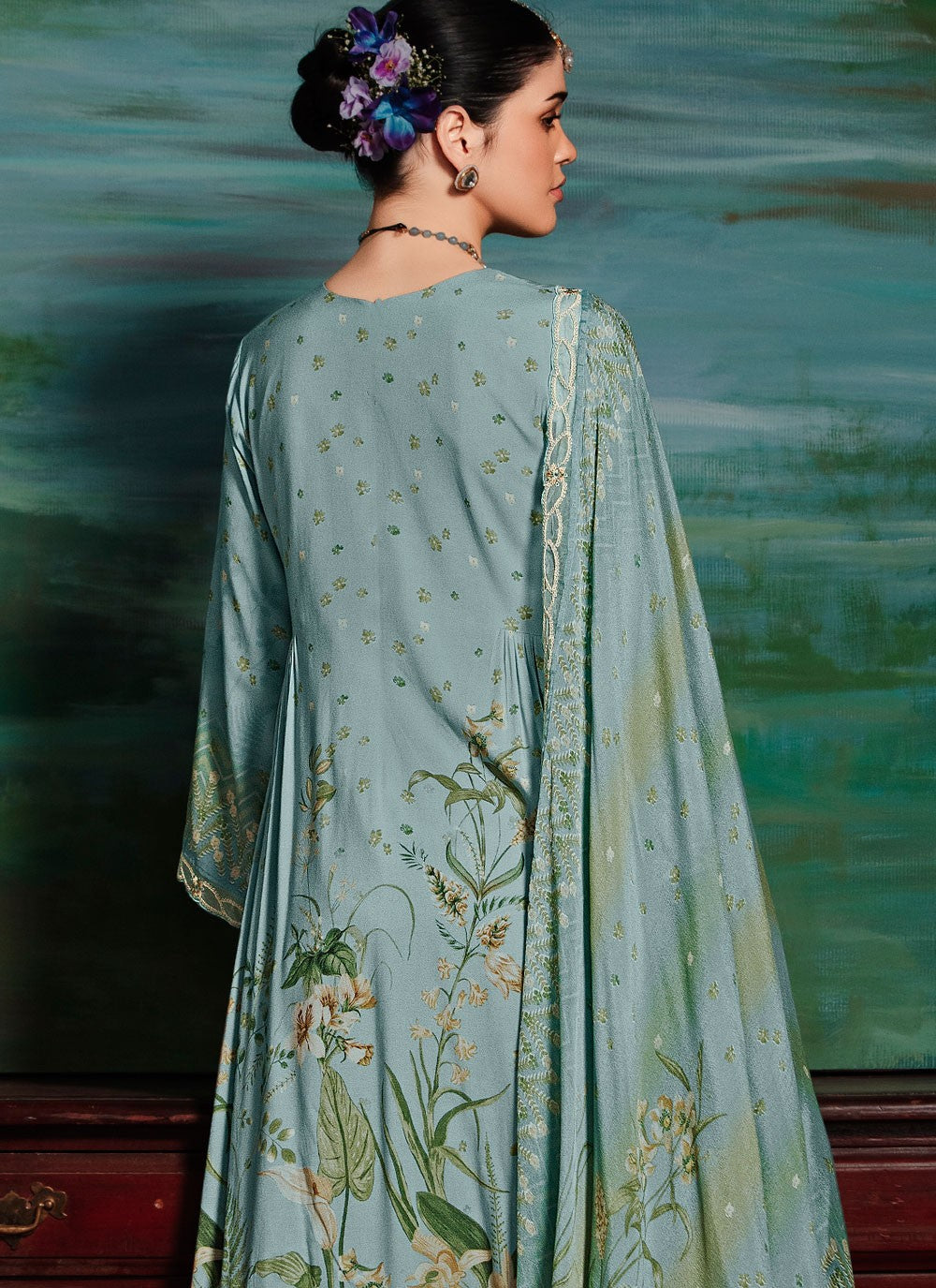 Salwar Suit Digital Print Aqua Blue Muslin T5787
