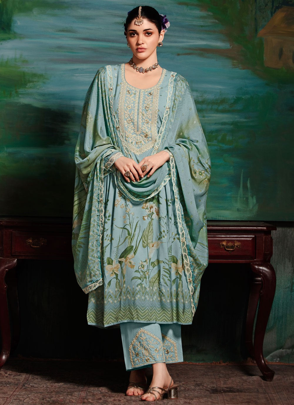 Salwar Suit Digital Print Aqua Blue Muslin T5787