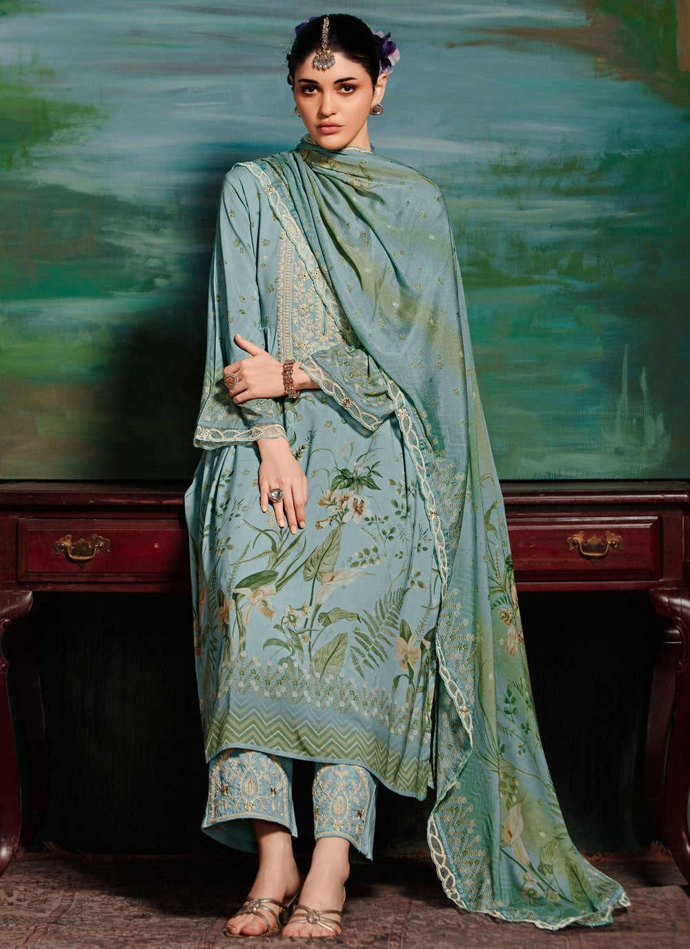 Salwar Suit Digital Print Aqua Blue Muslin T5787