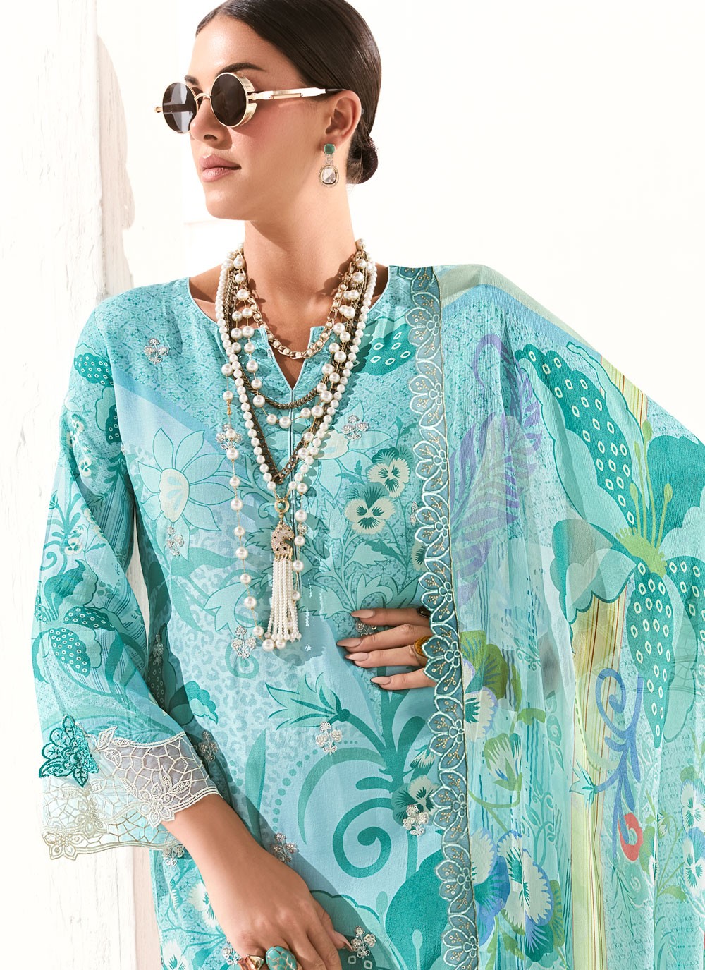 Pant Style Suit Digital Print, Embroidered, Patch, Resham Aqua Blue T7909