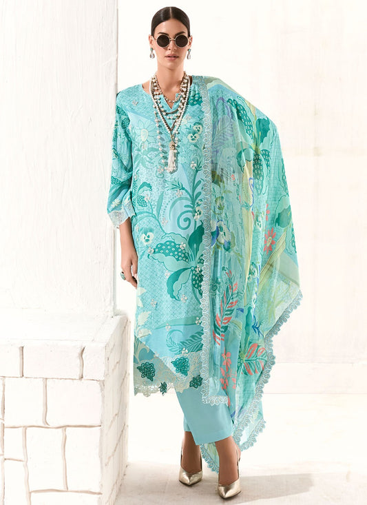 Pant Style Suit Digital Print, Embroidered, Patch, Resham Aqua Blue T7909