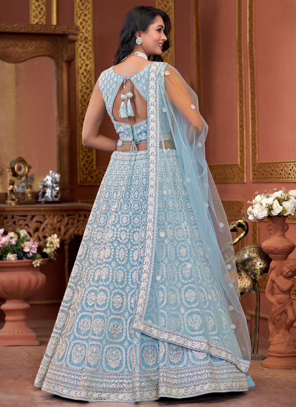 Embroidered Net Aqua Blue Lehenga - L3324