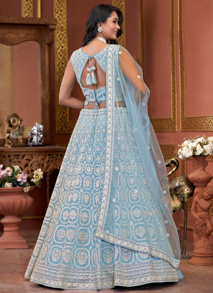 Embroidered Net Aqua Blue Lehenga - L3324