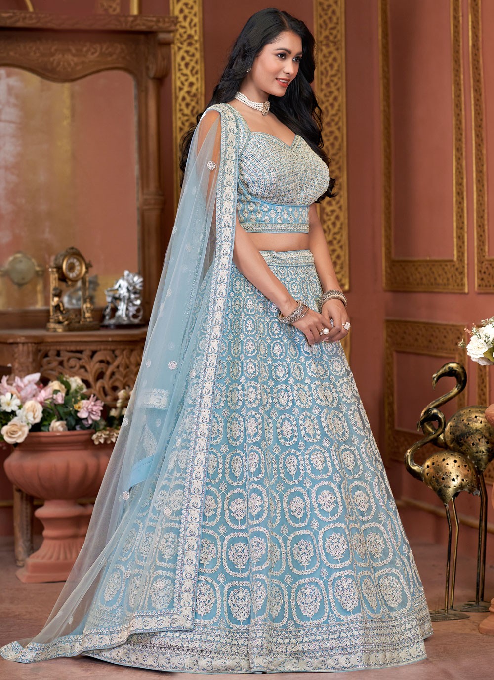 Embroidered Net Aqua Blue Lehenga - L3324