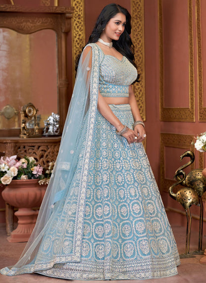 Embroidered Net Aqua Blue Lehenga - L3324