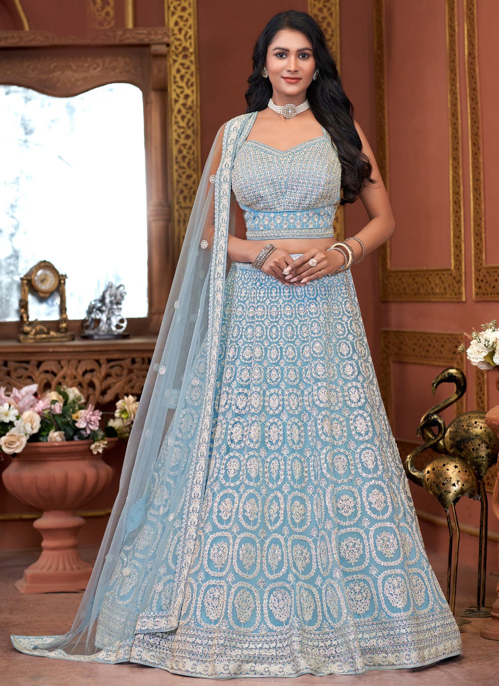 Embroidered Net Aqua Blue Lehenga - L3324