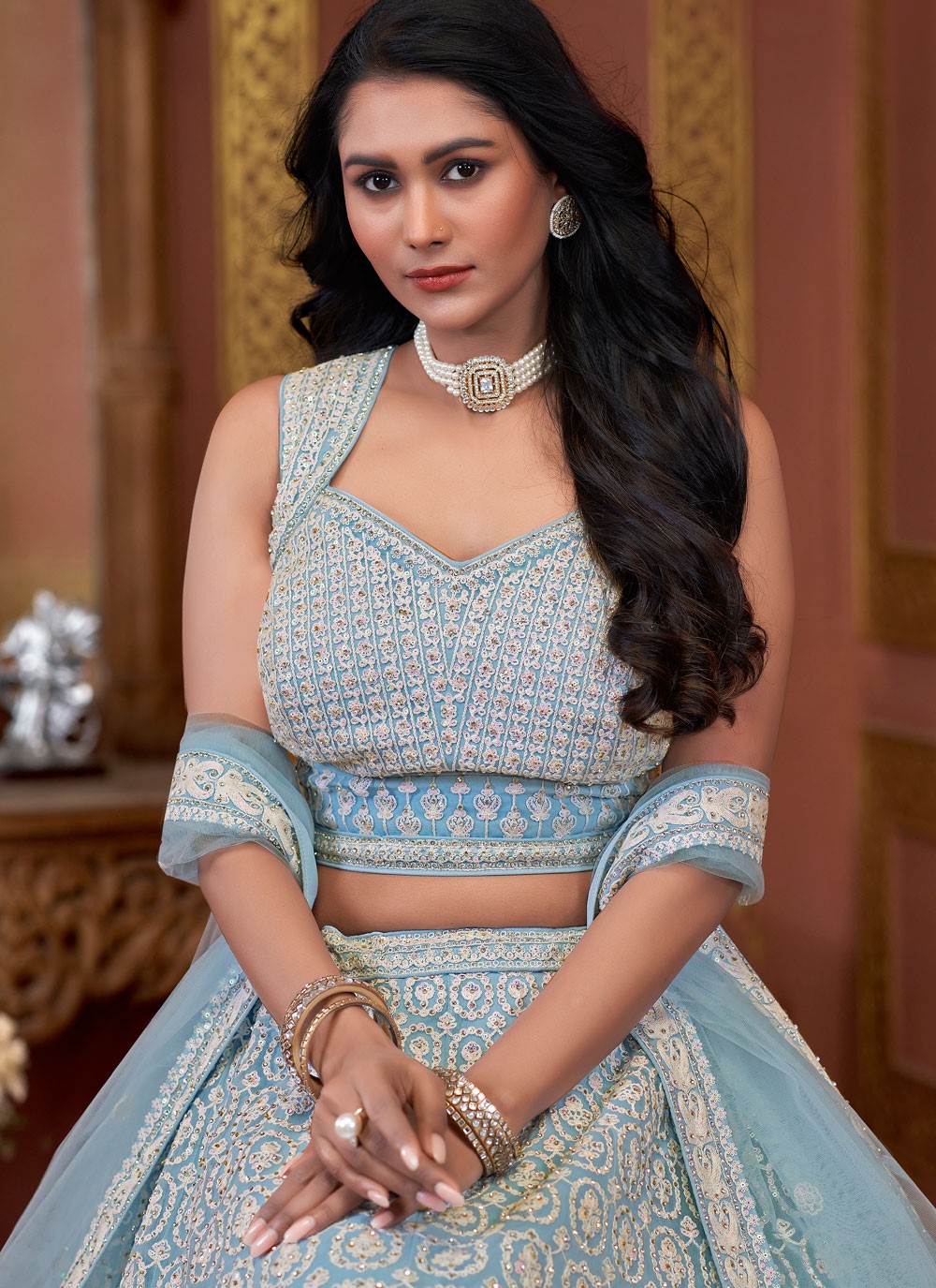 Embroidered Net Aqua Blue Lehenga - L3324