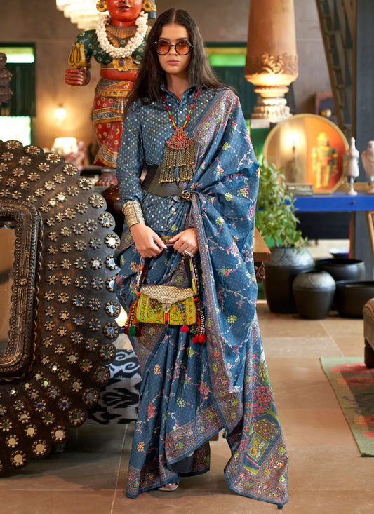 Aqua Blue Silk Contemporary Saree Printed S20286