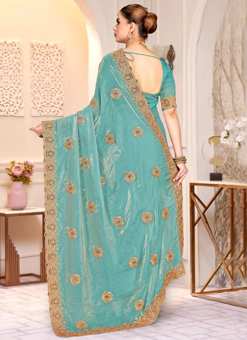 Aqua Blue Satin Silk Traditional Saree Cord, Embroidered S20218