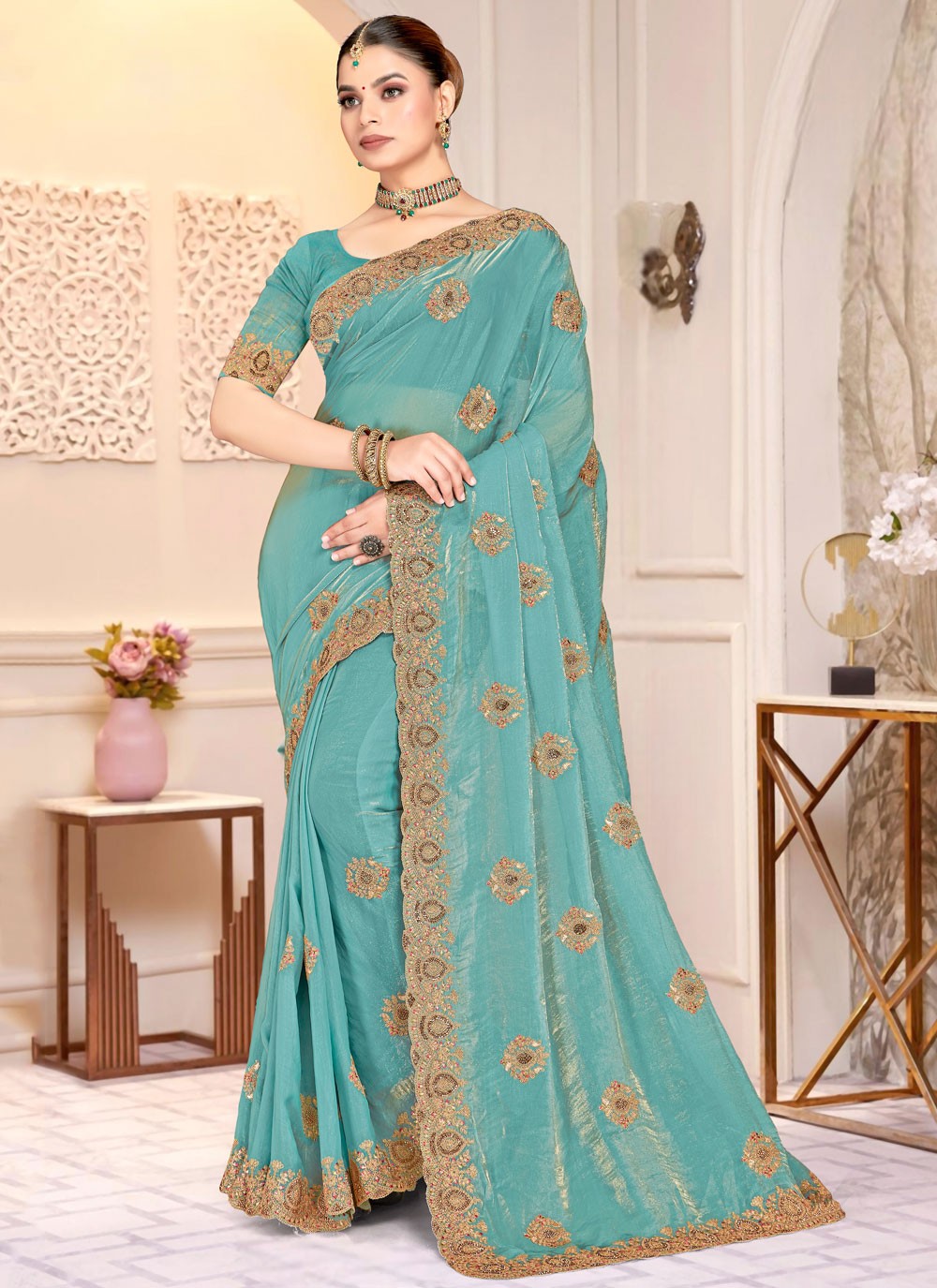 Aqua Blue Satin Silk Traditional Saree Cord, Embroidered S20218