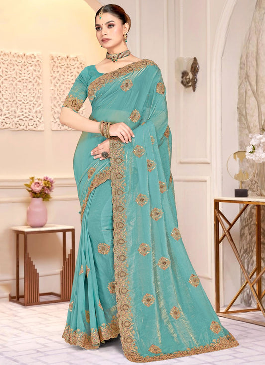 Aqua Blue Satin Silk Traditional Saree Cord, Embroidered S20218