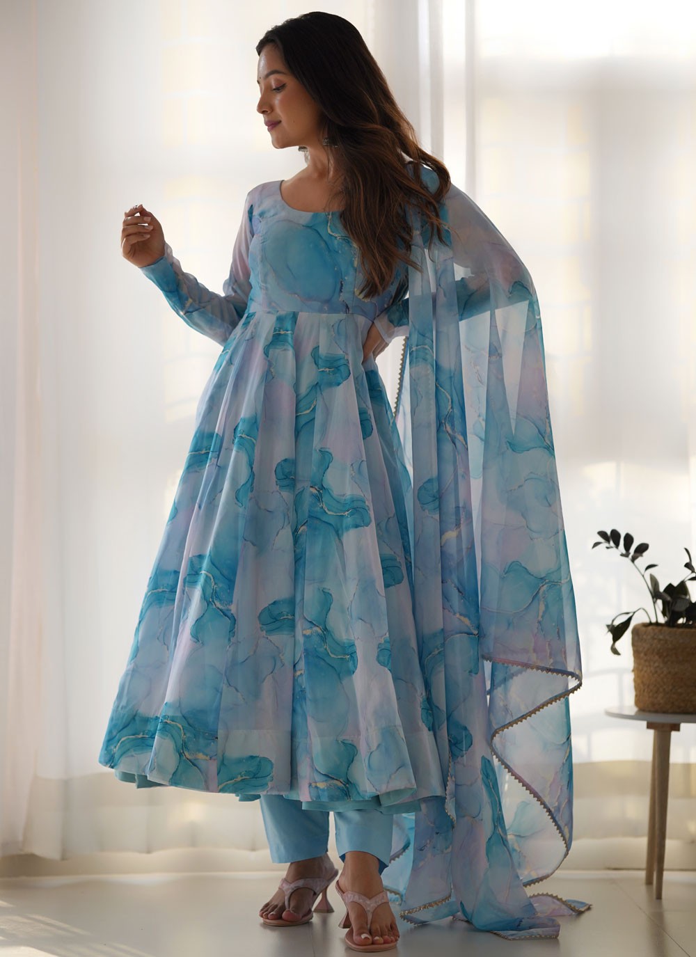 Anarkali Printed Aqua Blue T7633
