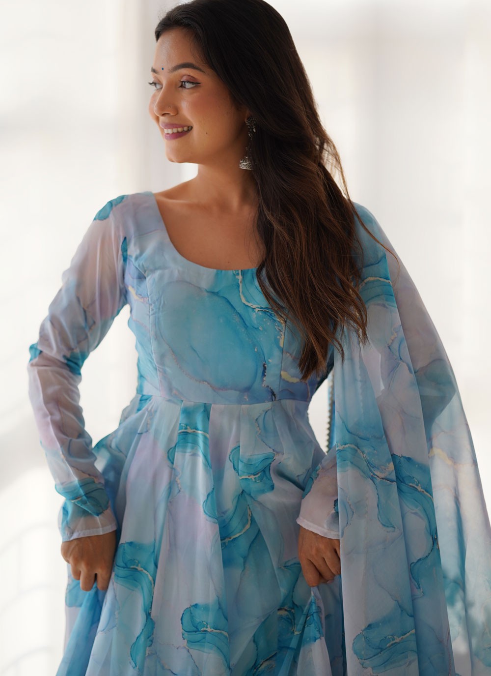 Anarkali Printed Aqua Blue T7633