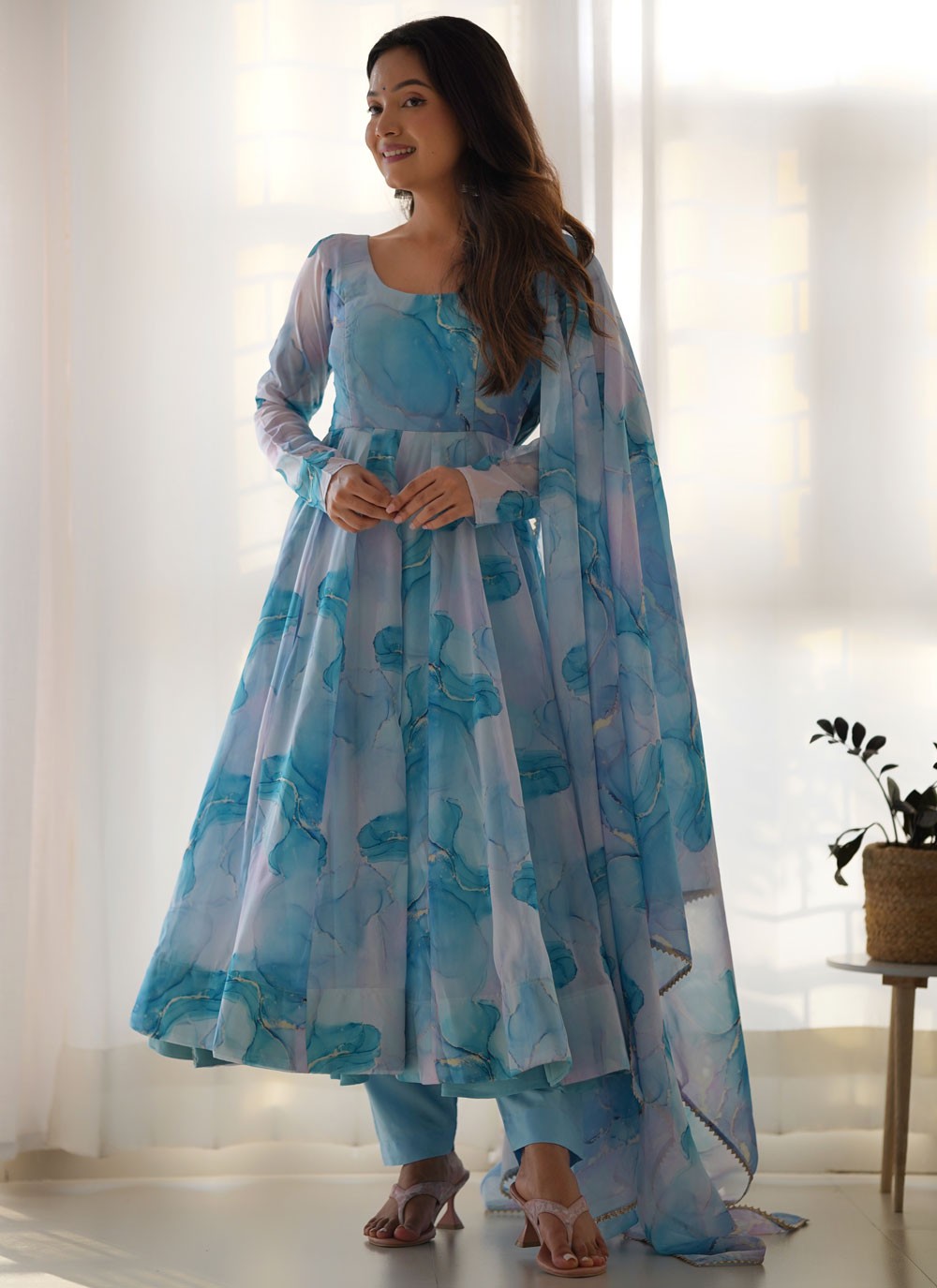 Anarkali Printed Aqua Blue T7633