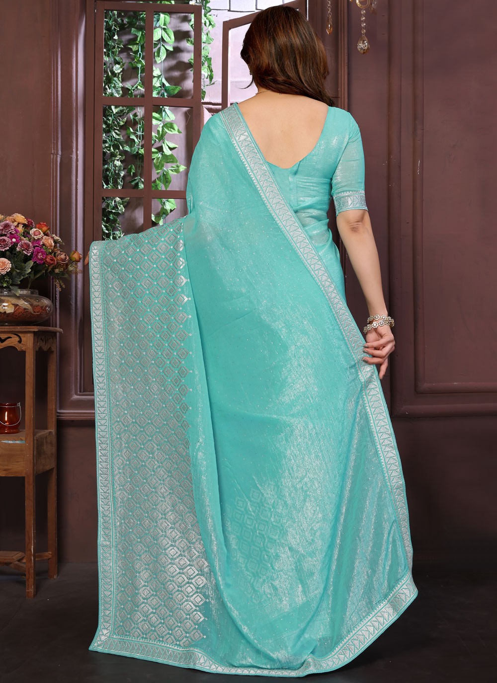 Aqua Blue Pure Crepe Classic Saree Weaving Zari, Zari S15768
