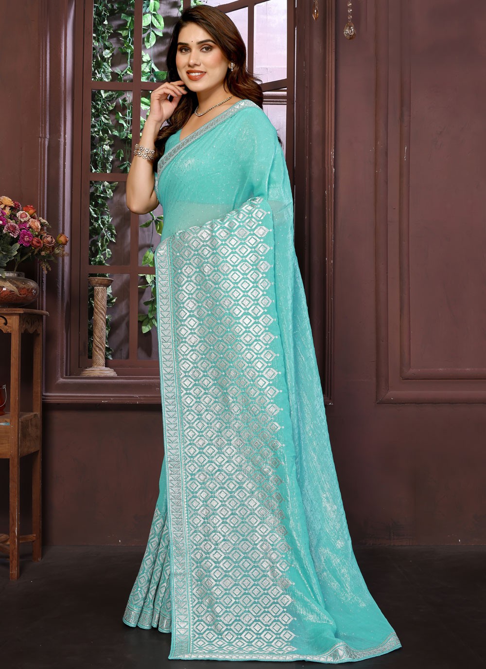 Aqua Blue Pure Crepe Classic Saree Weaving Zari, Zari S15768