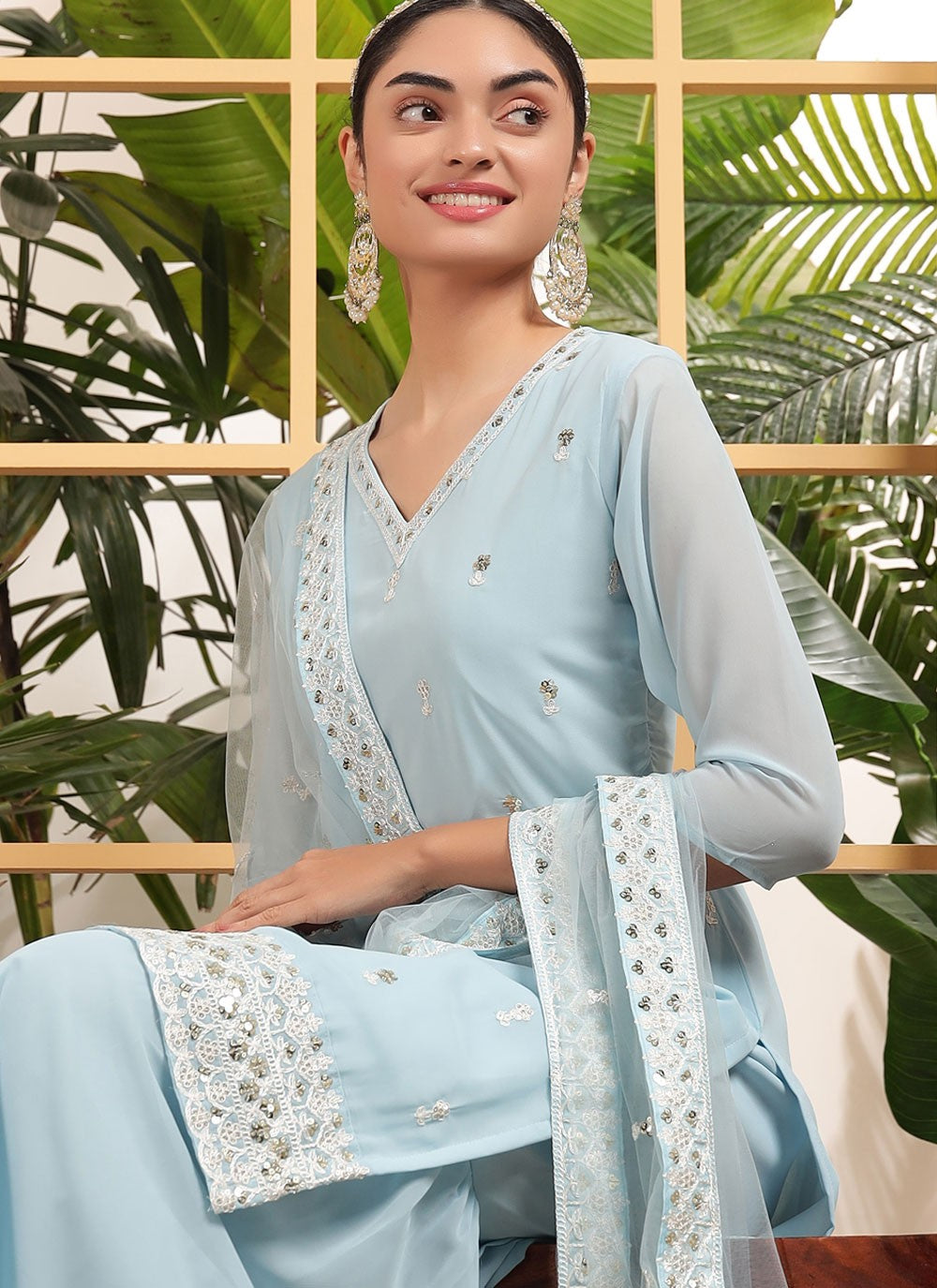 Embroidered Georgette Aqua Blue Salwar Suit T5957
