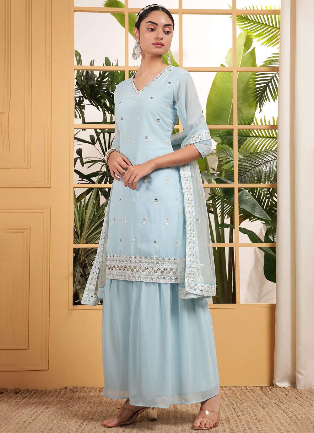 Embroidered Georgette Aqua Blue Salwar Suit T5957