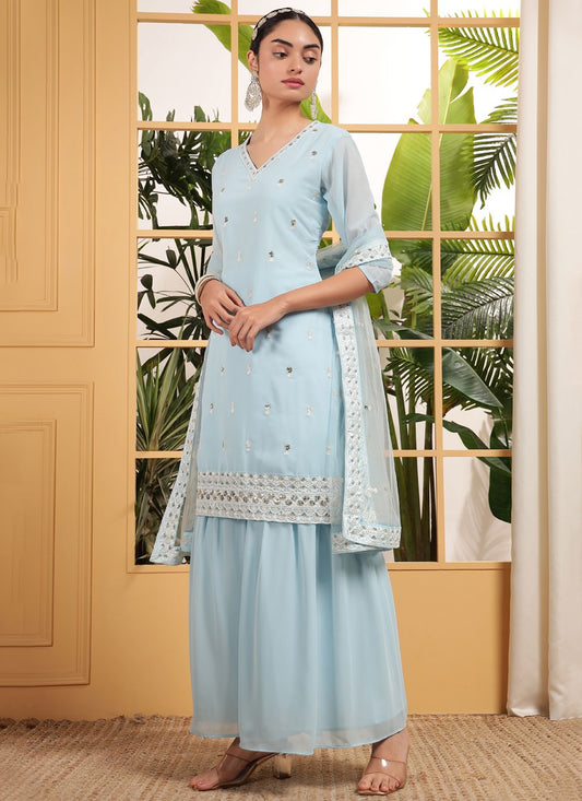 Embroidered Georgette Aqua Blue Salwar Suit T5957