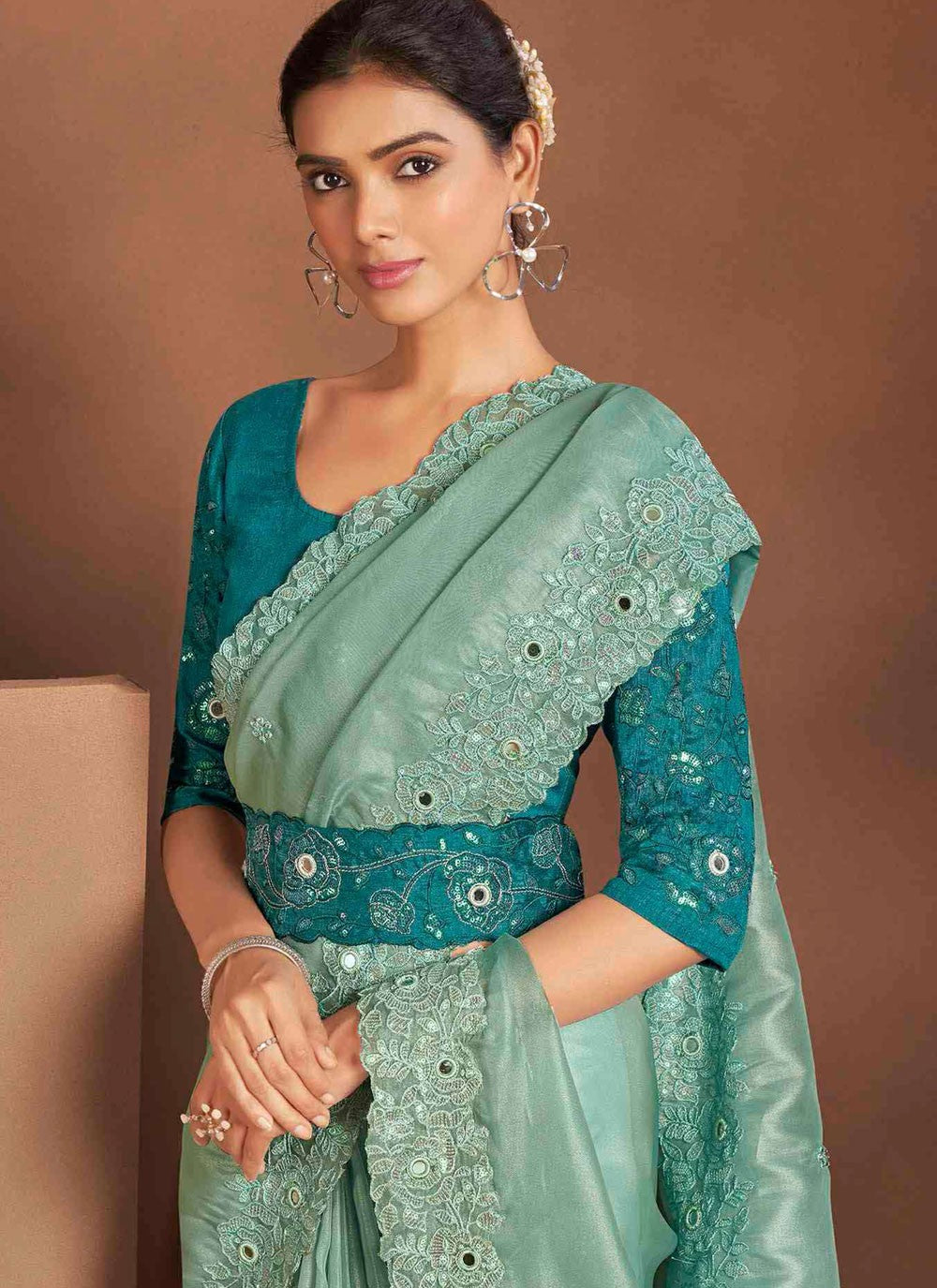Classic Saree Embroidered Aqua Blue Silk Saree S13383