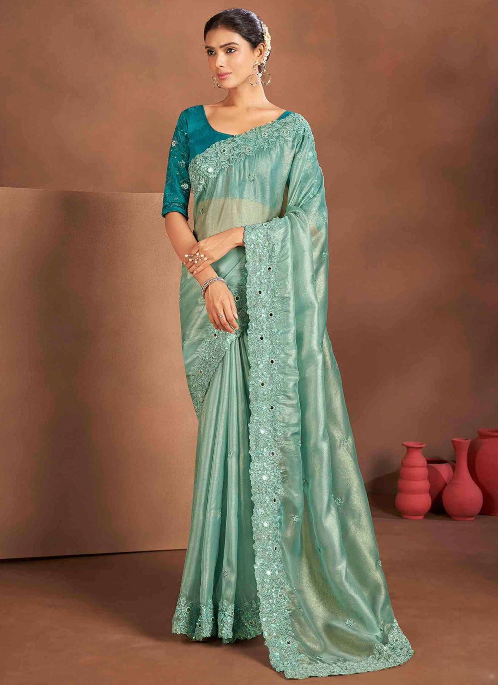 Classic Saree Embroidered Aqua Blue Silk Saree S13383