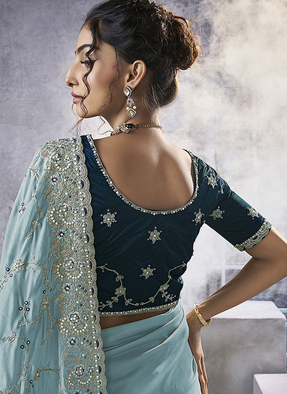 Aqua Blue Georgette Designer Saree Beads, Cord, Embroidered, Thread, Zari S15783