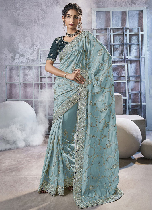 Aqua Blue Georgette Designer Saree Beads, Cord, Embroidered, Thread, Zari S15783