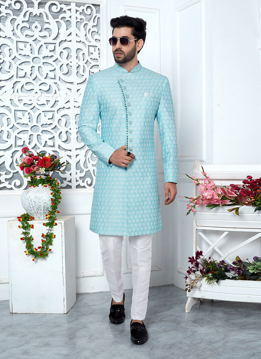 Thread Art Silk Aqua Blue Indo Western - M6633
